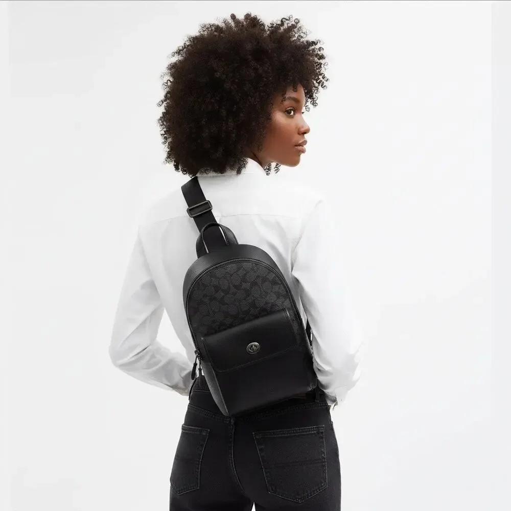 Coach CAJ92 Turnlock Sling Pack Signature Canvas Charcoal Black Gunmetal NWT